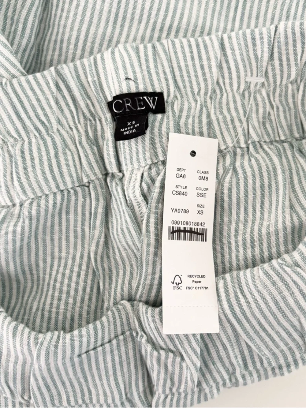 NWT J. Crew Tropez Short Linen Stripe Smokey Seaglass